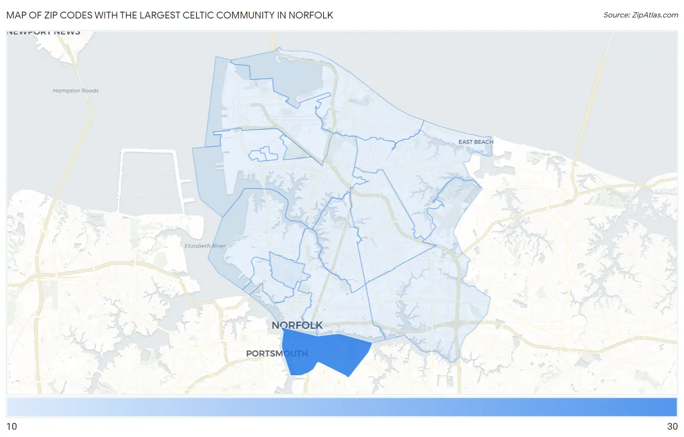 Zip Codes with the Largest Celtic Community in Norfolk Map