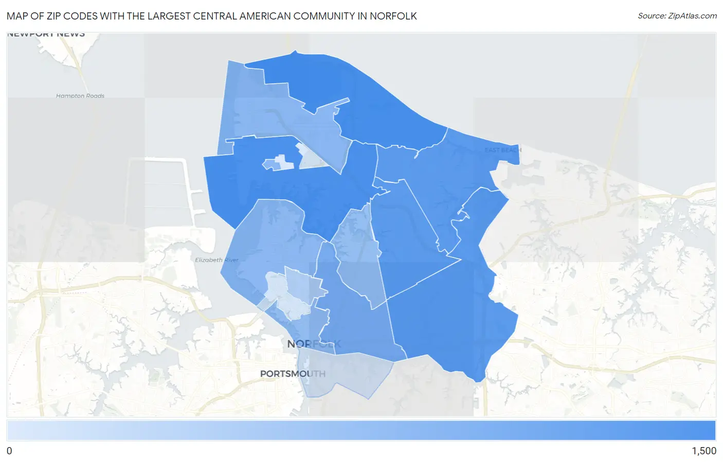 Zip Codes with the Largest Central American Community in Norfolk Map