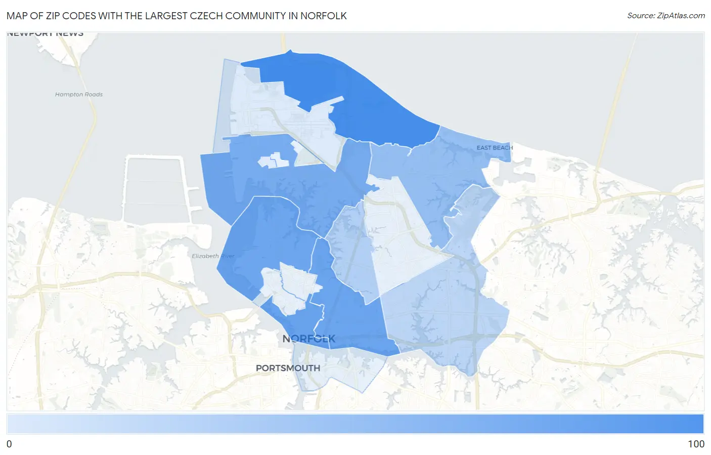 Zip Codes with the Largest Czech Community in Norfolk Map