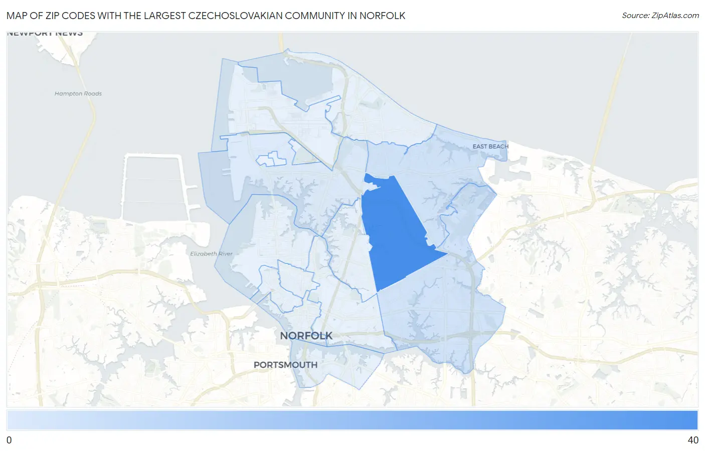 Zip Codes with the Largest Czechoslovakian Community in Norfolk Map