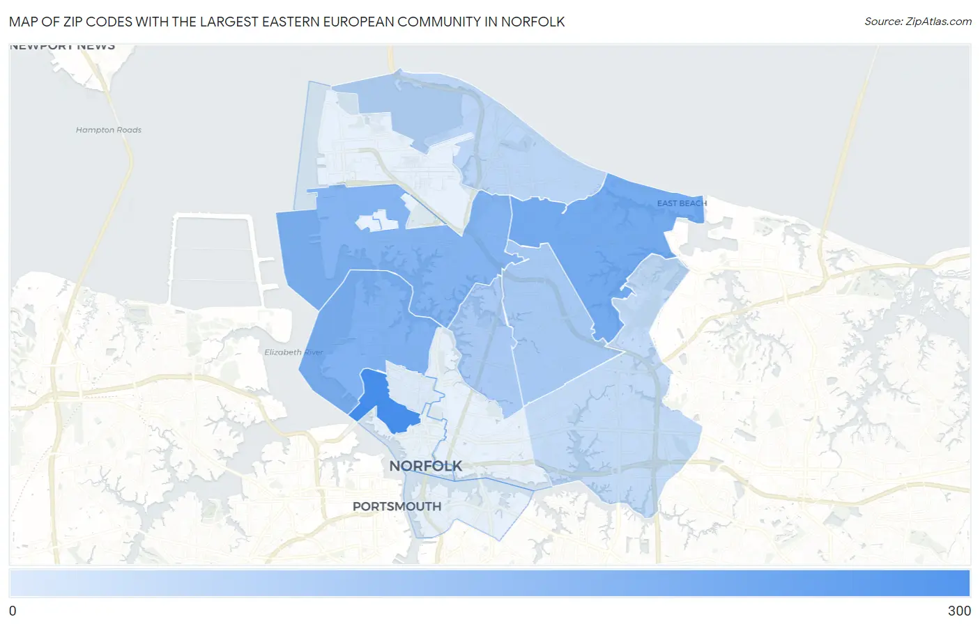 Zip Codes with the Largest Eastern European Community in Norfolk Map