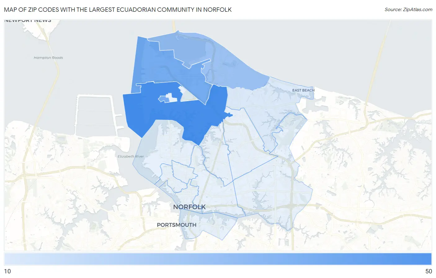 Zip Codes with the Largest Ecuadorian Community in Norfolk Map