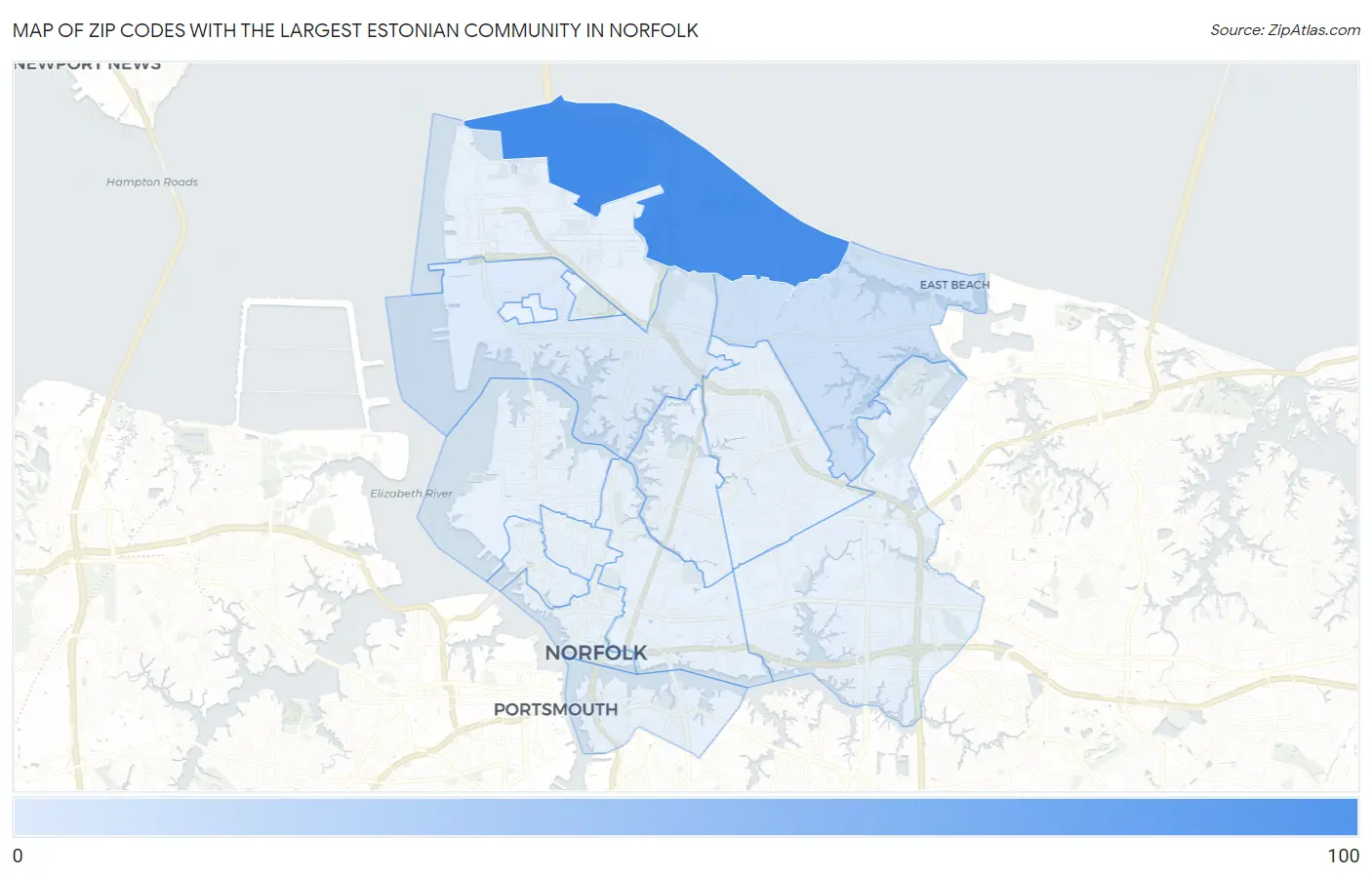 Zip Codes with the Largest Estonian Community in Norfolk Map
