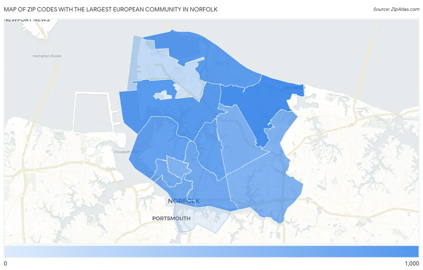 Zip Codes with the Largest European Community in Norfolk Map