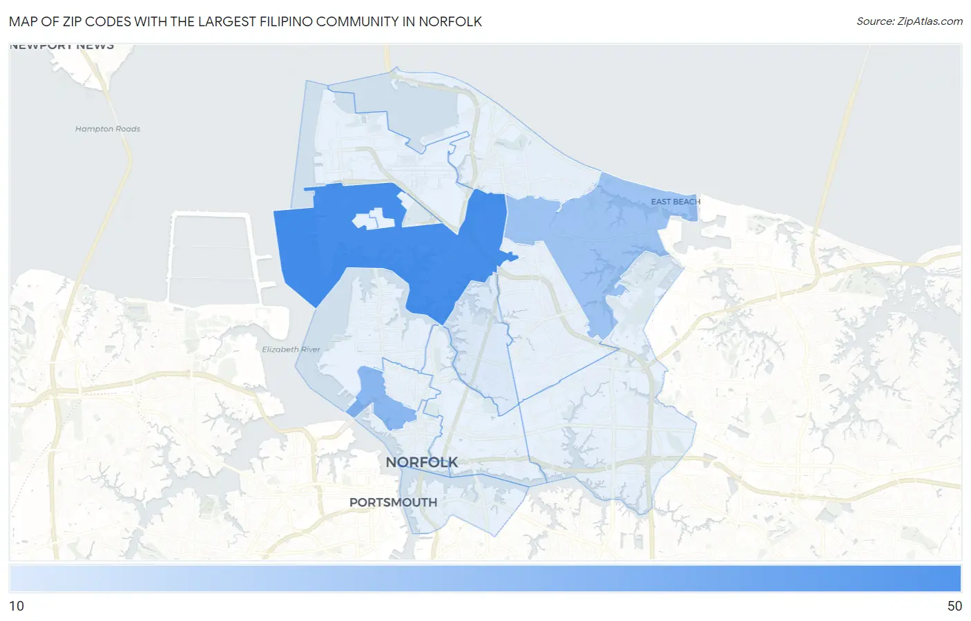 Zip Codes with the Largest Filipino Community in Norfolk Map