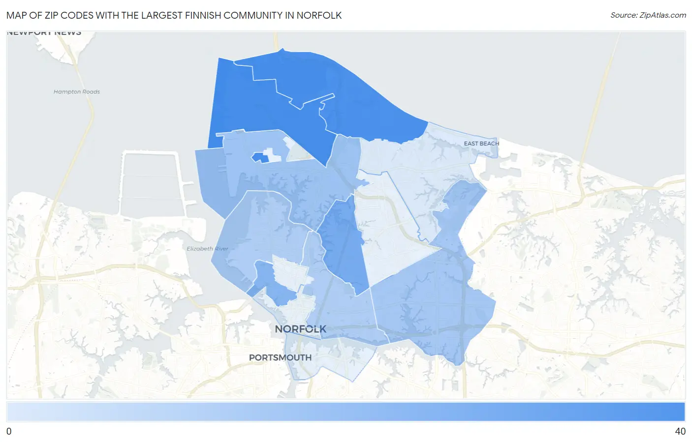 Zip Codes with the Largest Finnish Community in Norfolk Map