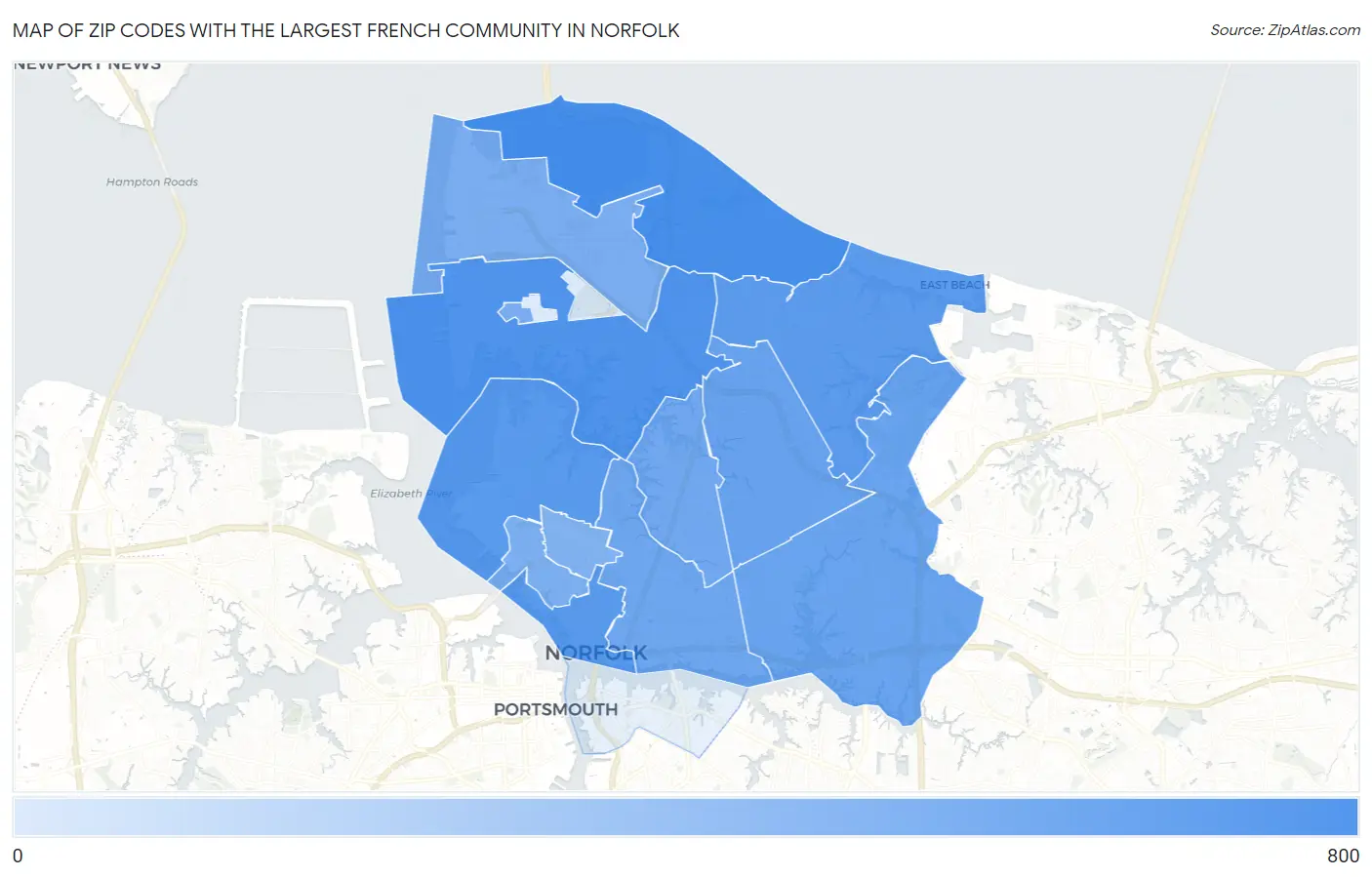 Zip Codes with the Largest French Community in Norfolk Map