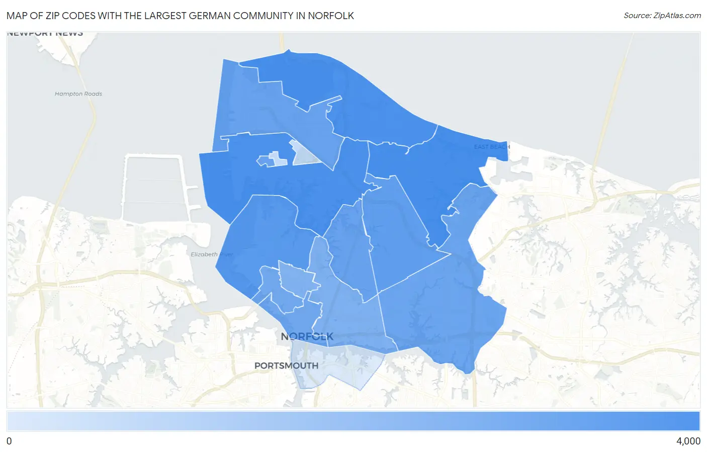 Zip Codes with the Largest German Community in Norfolk Map