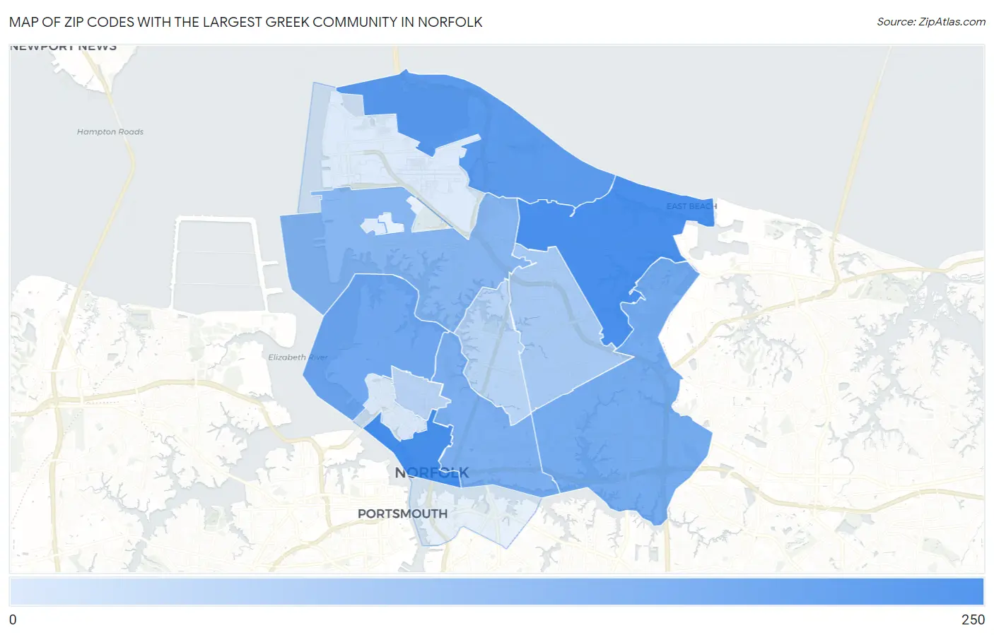 Zip Codes with the Largest Greek Community in Norfolk Map