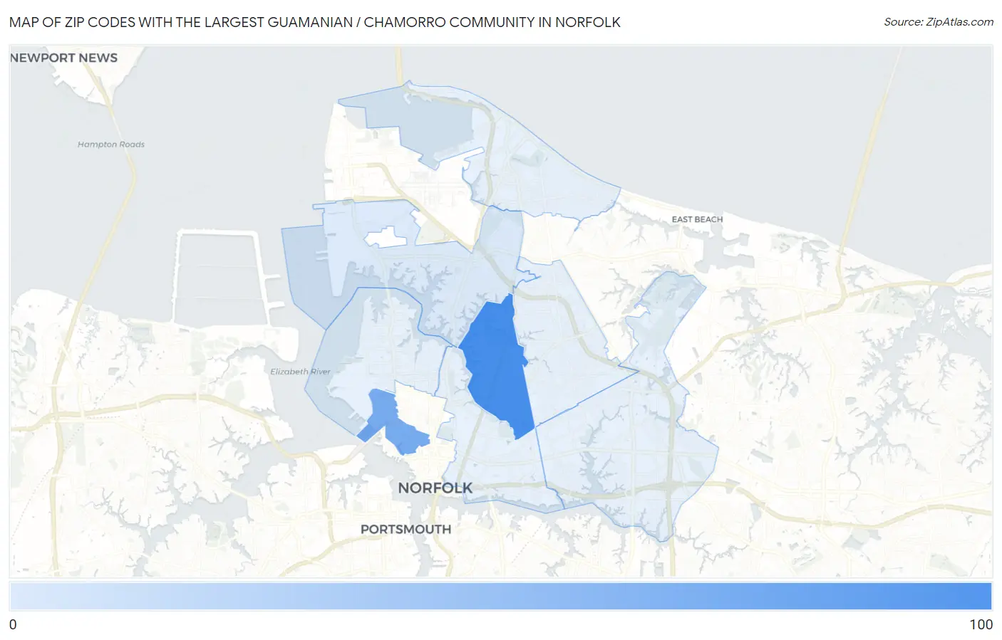 Zip Codes with the Largest Guamanian / Chamorro Community in Norfolk Map