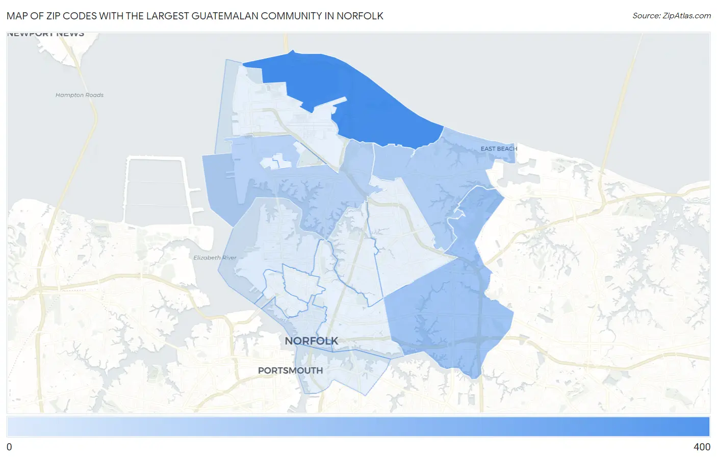 Zip Codes with the Largest Guatemalan Community in Norfolk Map