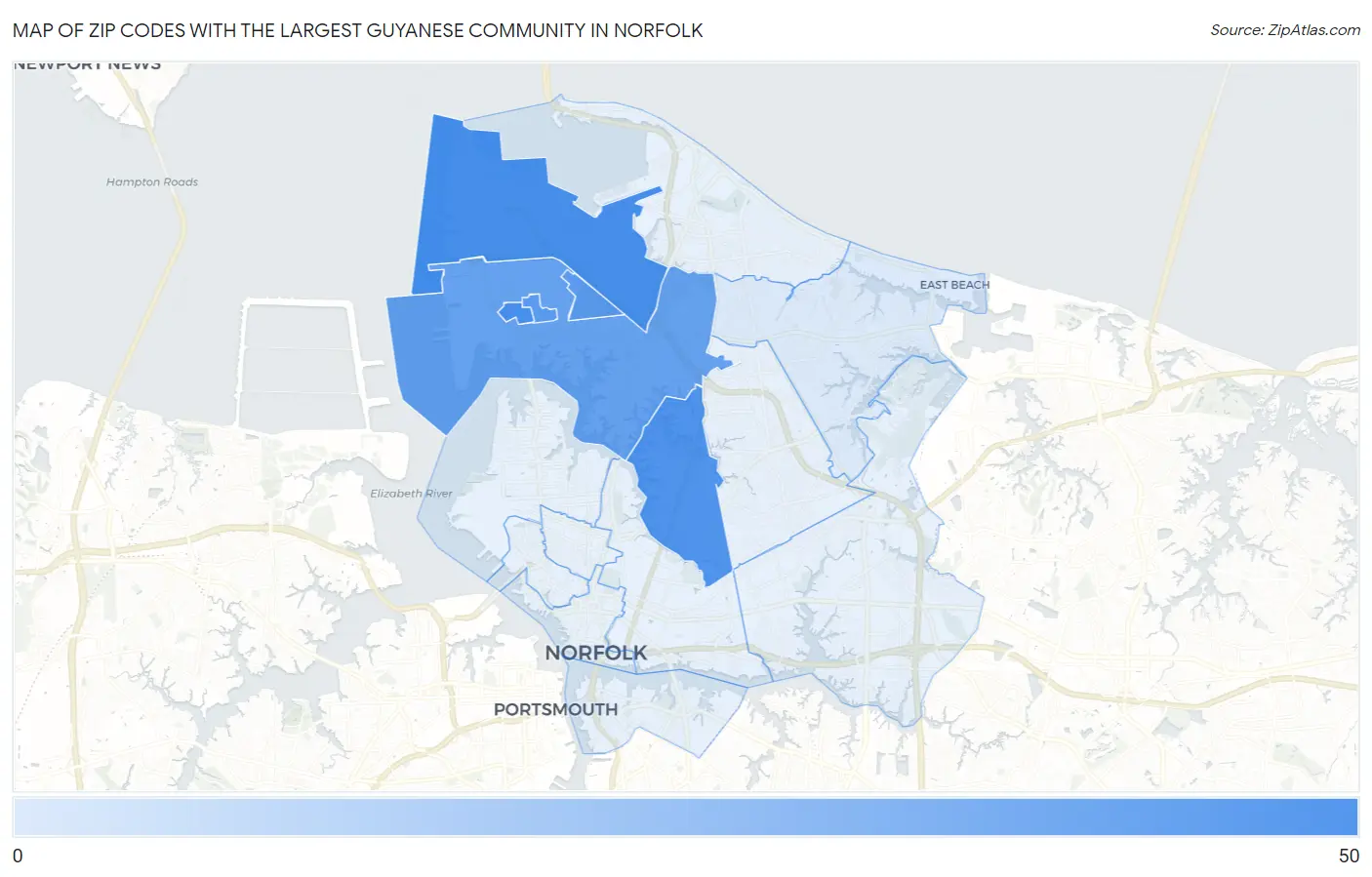 Zip Codes with the Largest Guyanese Community in Norfolk Map