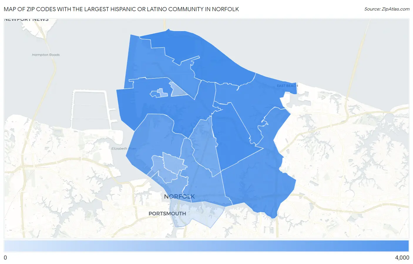 Zip Codes with the Largest Hispanic or Latino Community in Norfolk Map