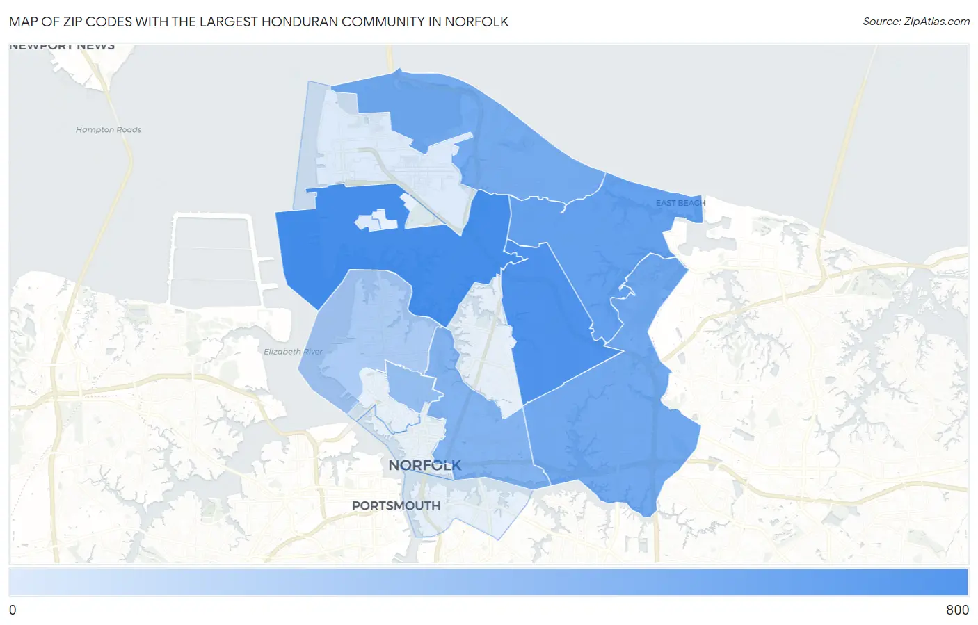 Zip Codes with the Largest Honduran Community in Norfolk Map