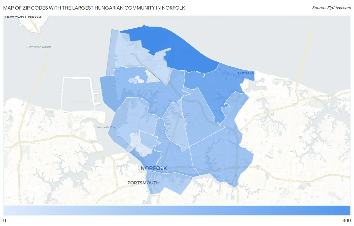 Zip Codes with the Largest Hungarian Community in Norfolk Map