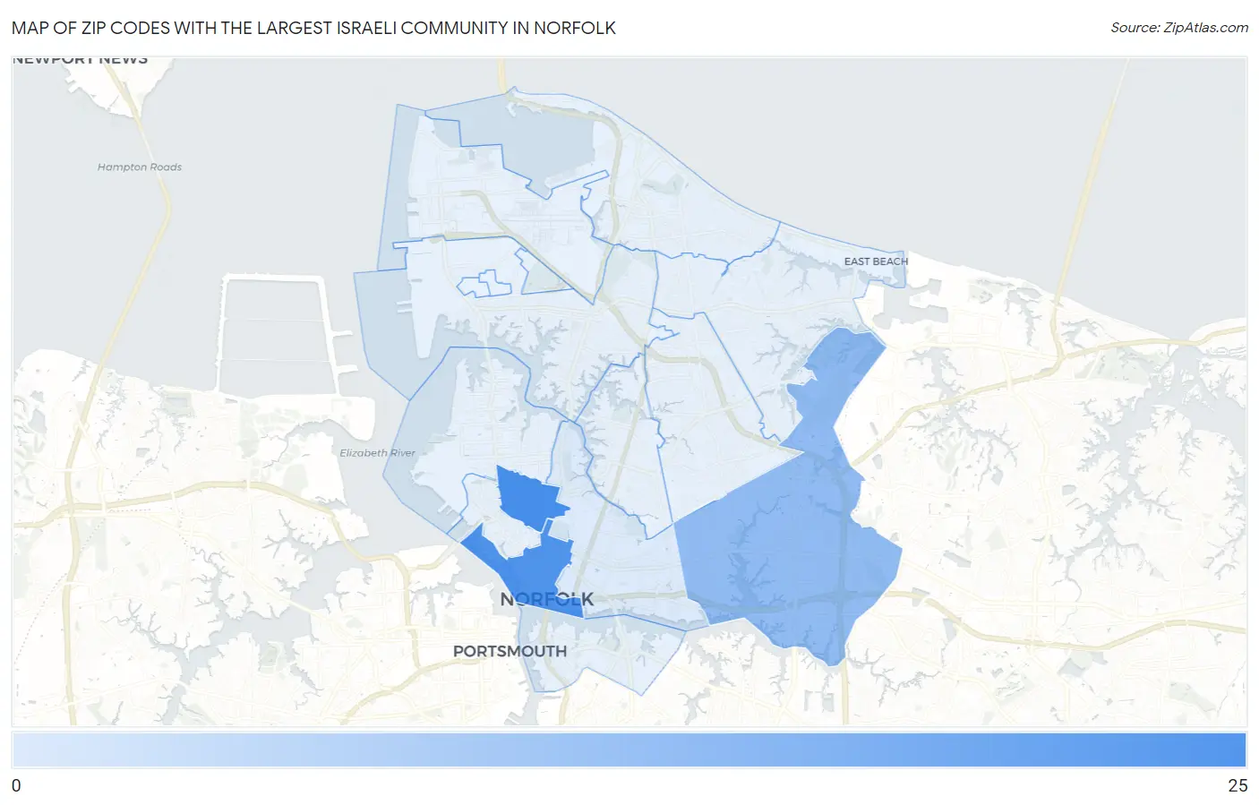 Zip Codes with the Largest Israeli Community in Norfolk Map