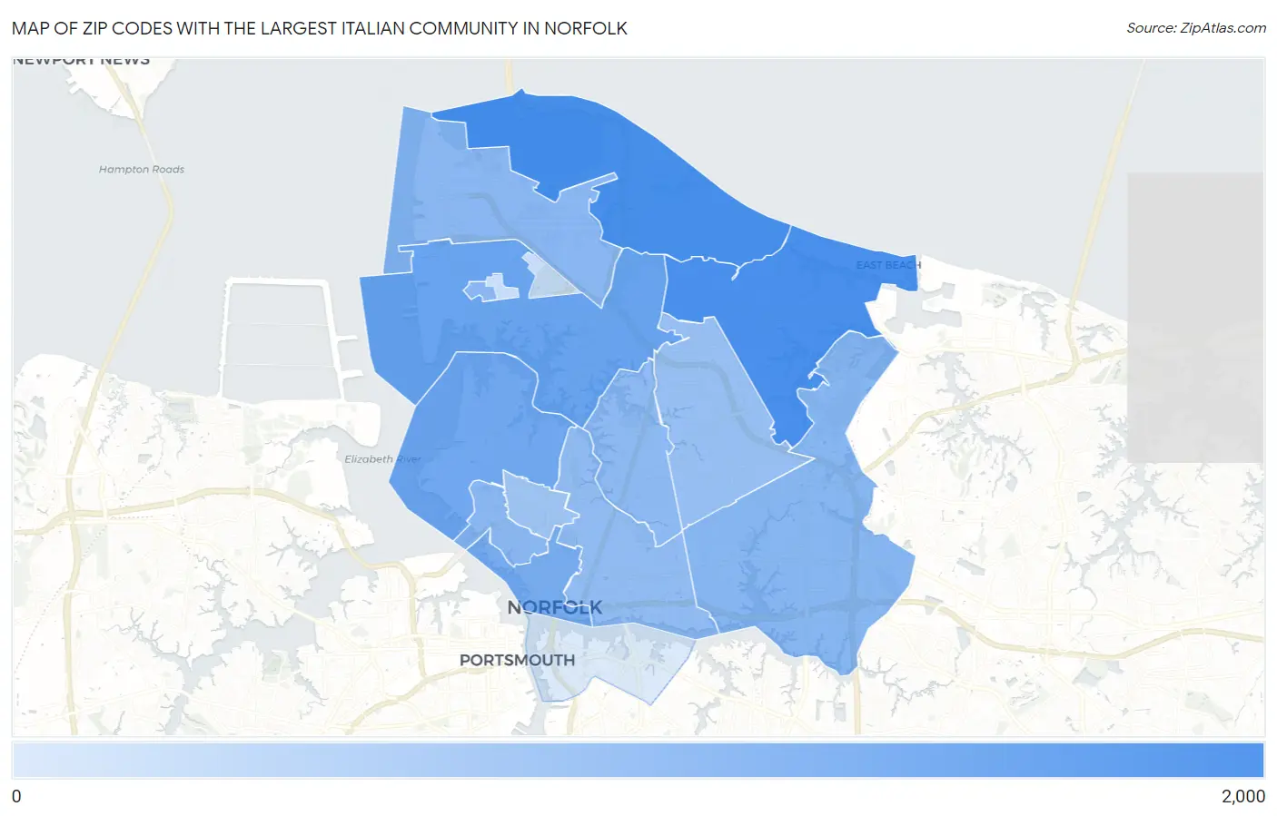Zip Codes with the Largest Italian Community in Norfolk Map