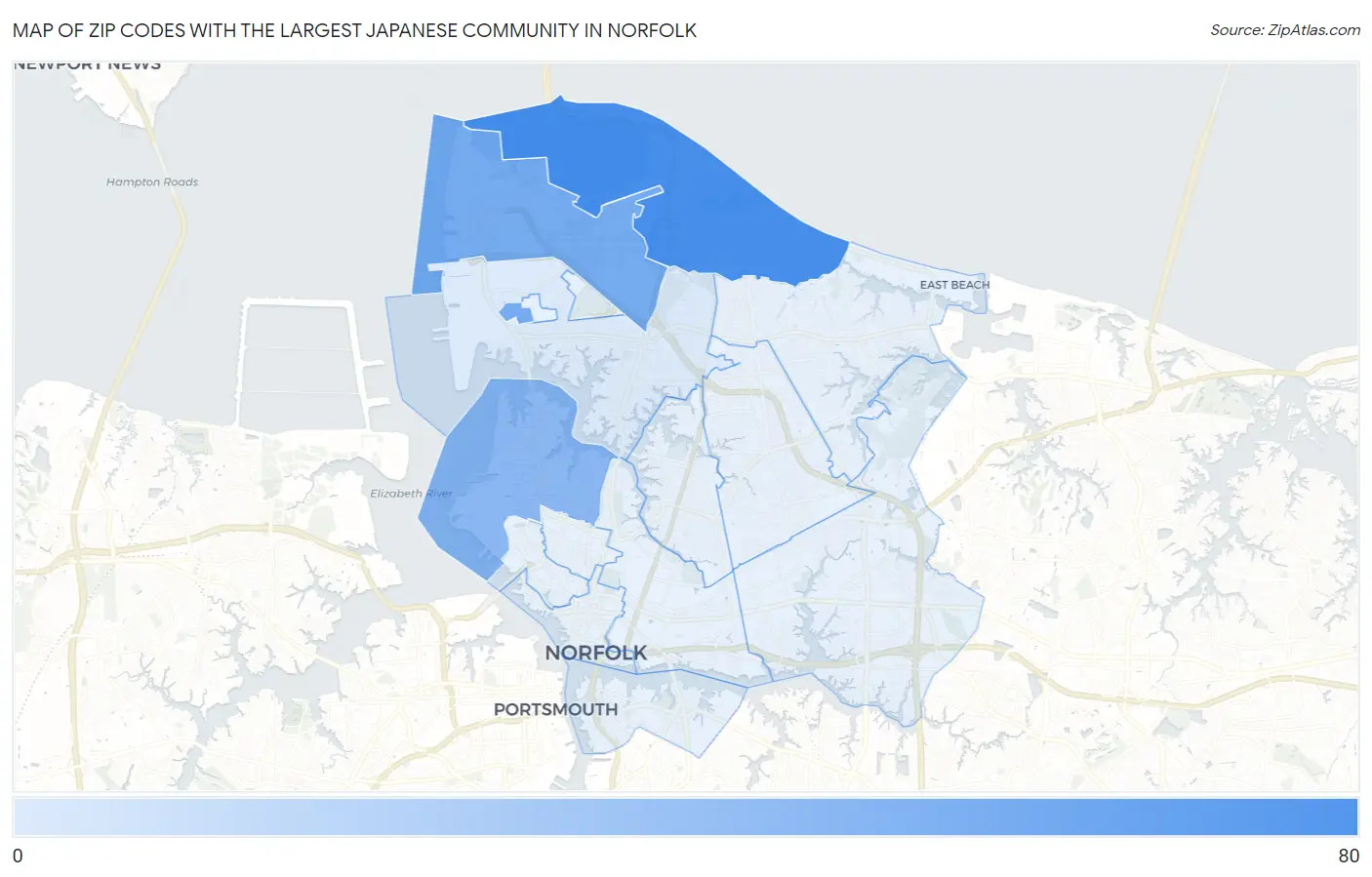 Zip Codes with the Largest Japanese Community in Norfolk Map