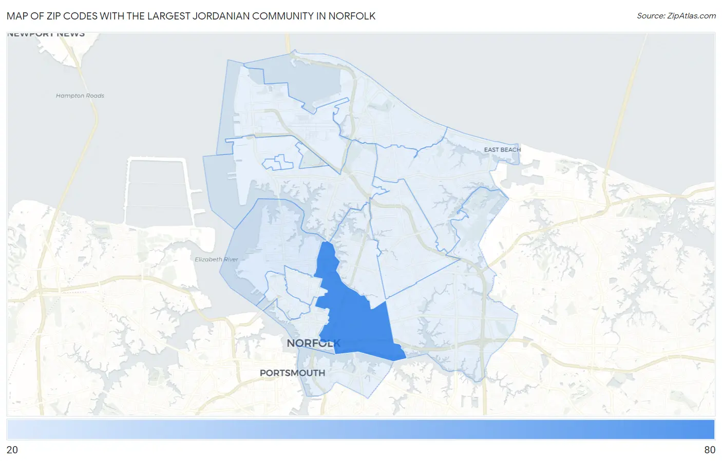 Zip Codes with the Largest Jordanian Community in Norfolk Map