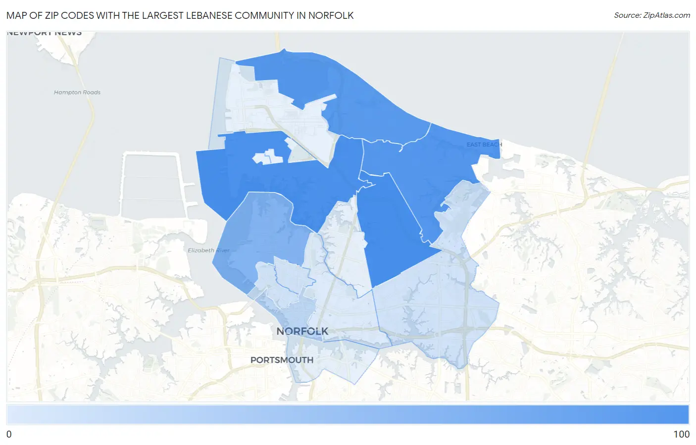 Zip Codes with the Largest Lebanese Community in Norfolk Map