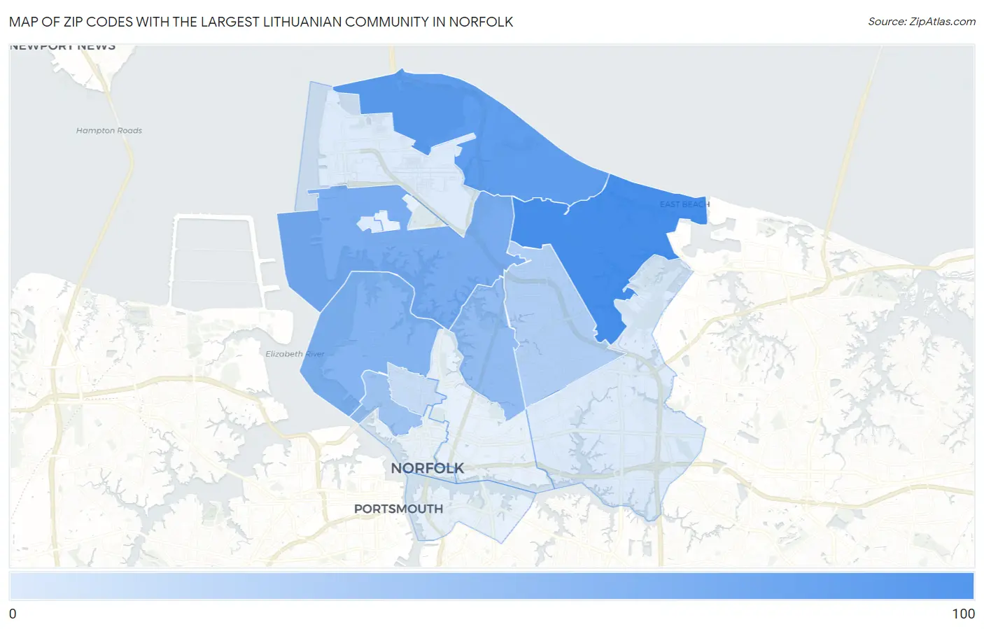 Zip Codes with the Largest Lithuanian Community in Norfolk Map