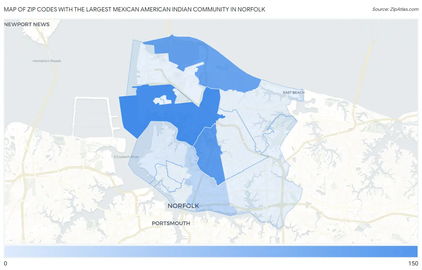 Zip Codes with the Largest Mexican American Indian Community in Norfolk Map