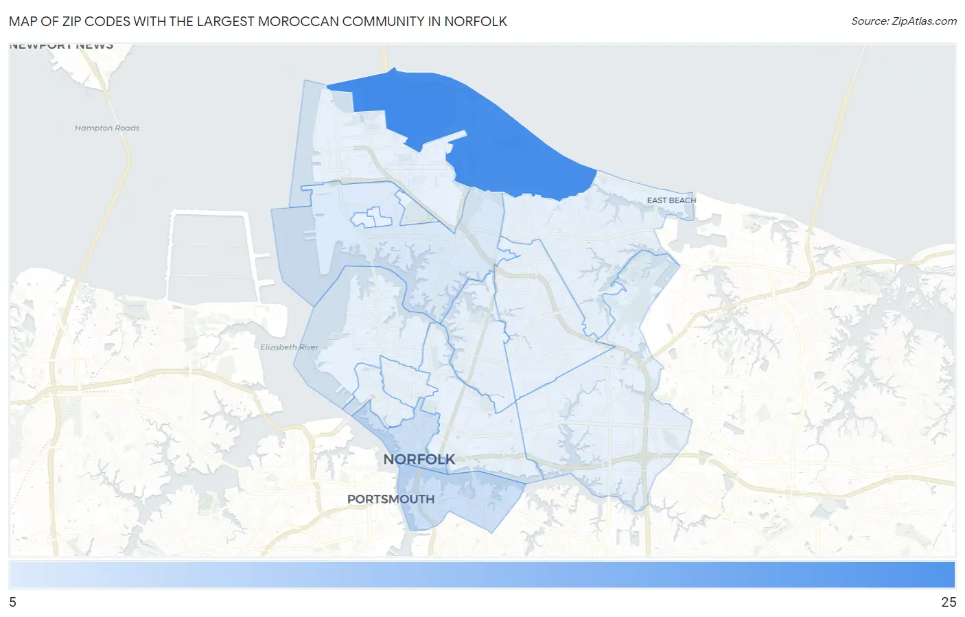 Zip Codes with the Largest Moroccan Community in Norfolk Map