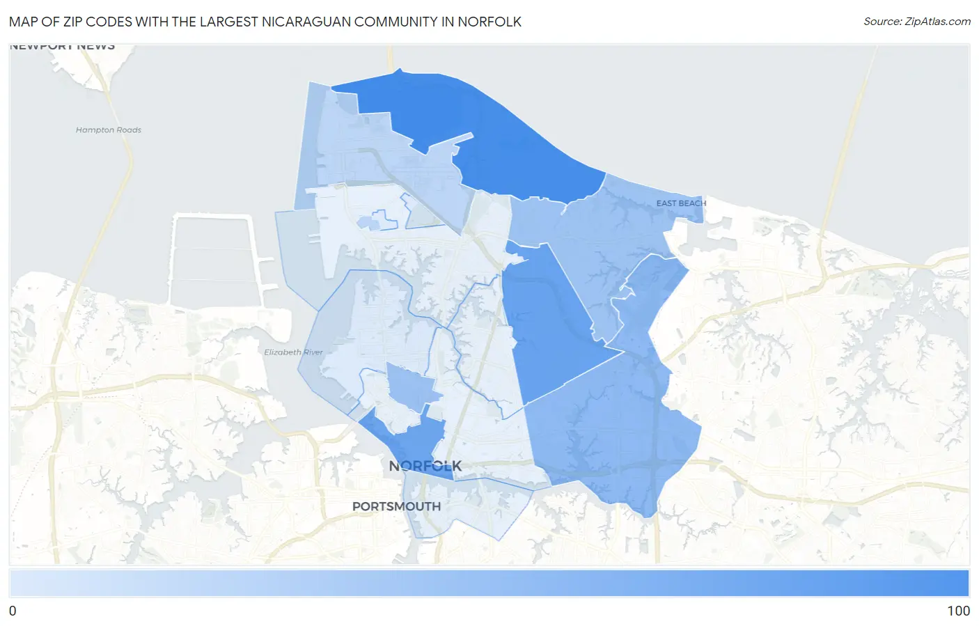 Zip Codes with the Largest Nicaraguan Community in Norfolk Map
