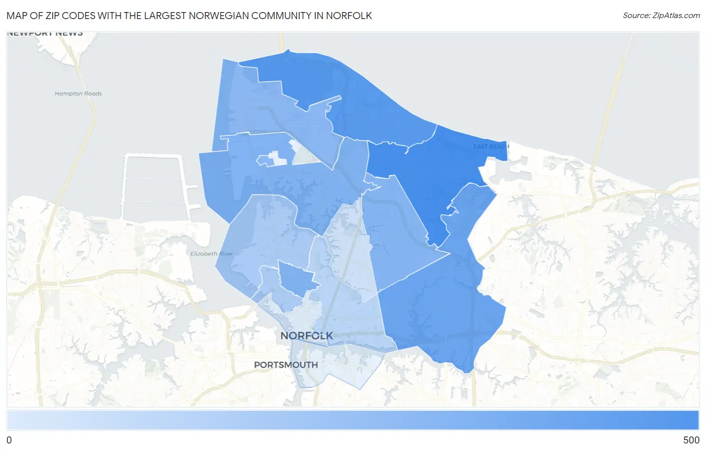 Zip Codes with the Largest Norwegian Community in Norfolk Map