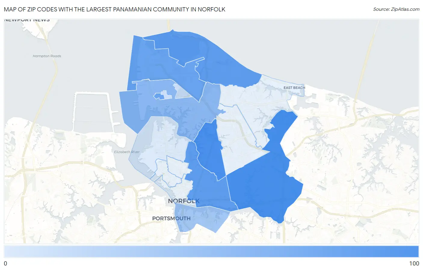Zip Codes with the Largest Panamanian Community in Norfolk Map