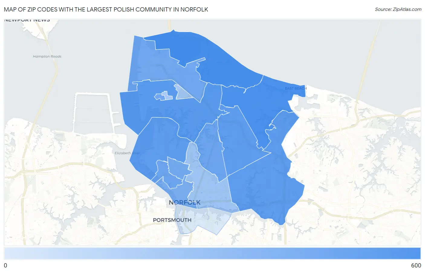 Zip Codes with the Largest Polish Community in Norfolk Map