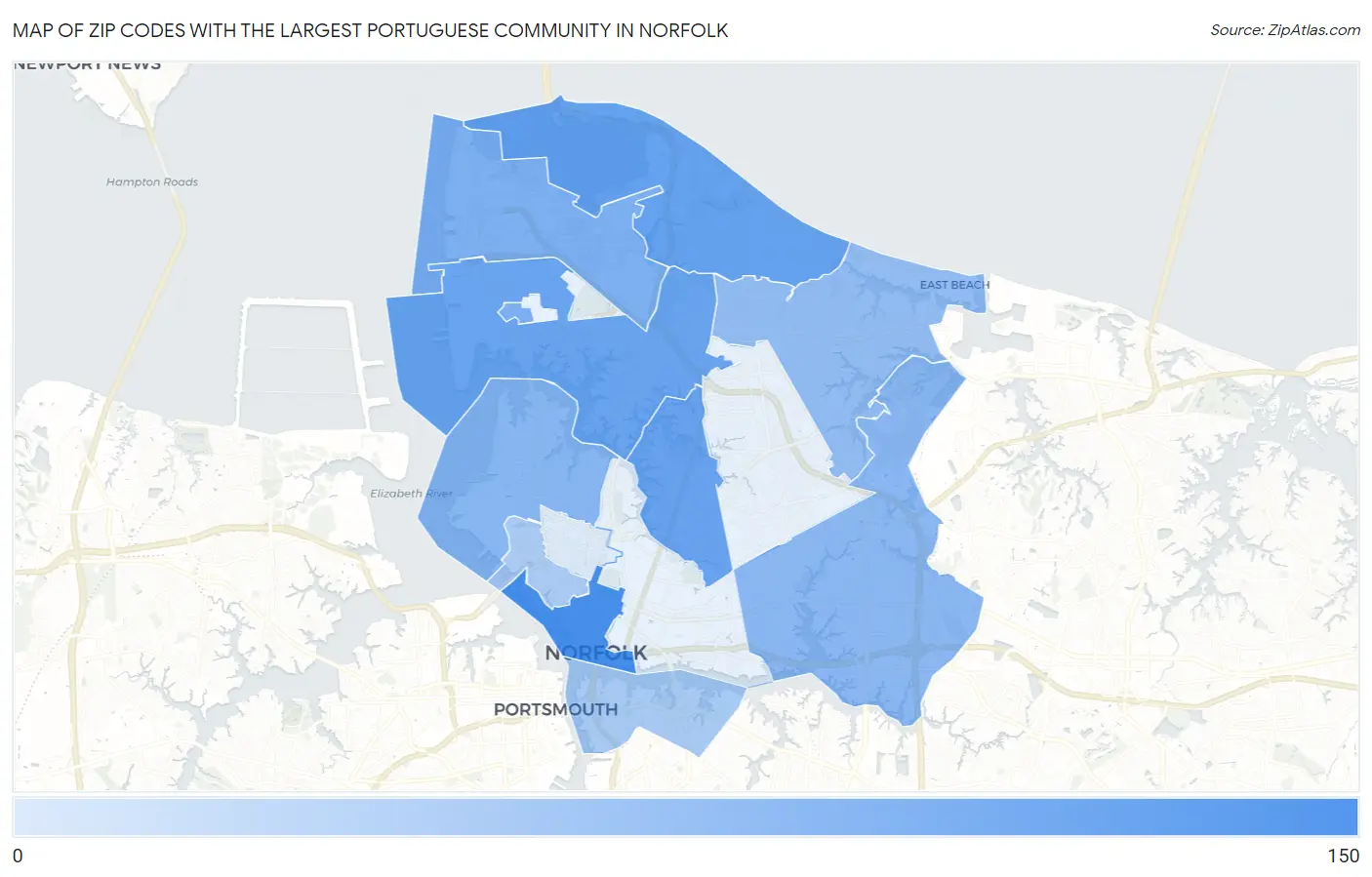 Zip Codes with the Largest Portuguese Community in Norfolk Map