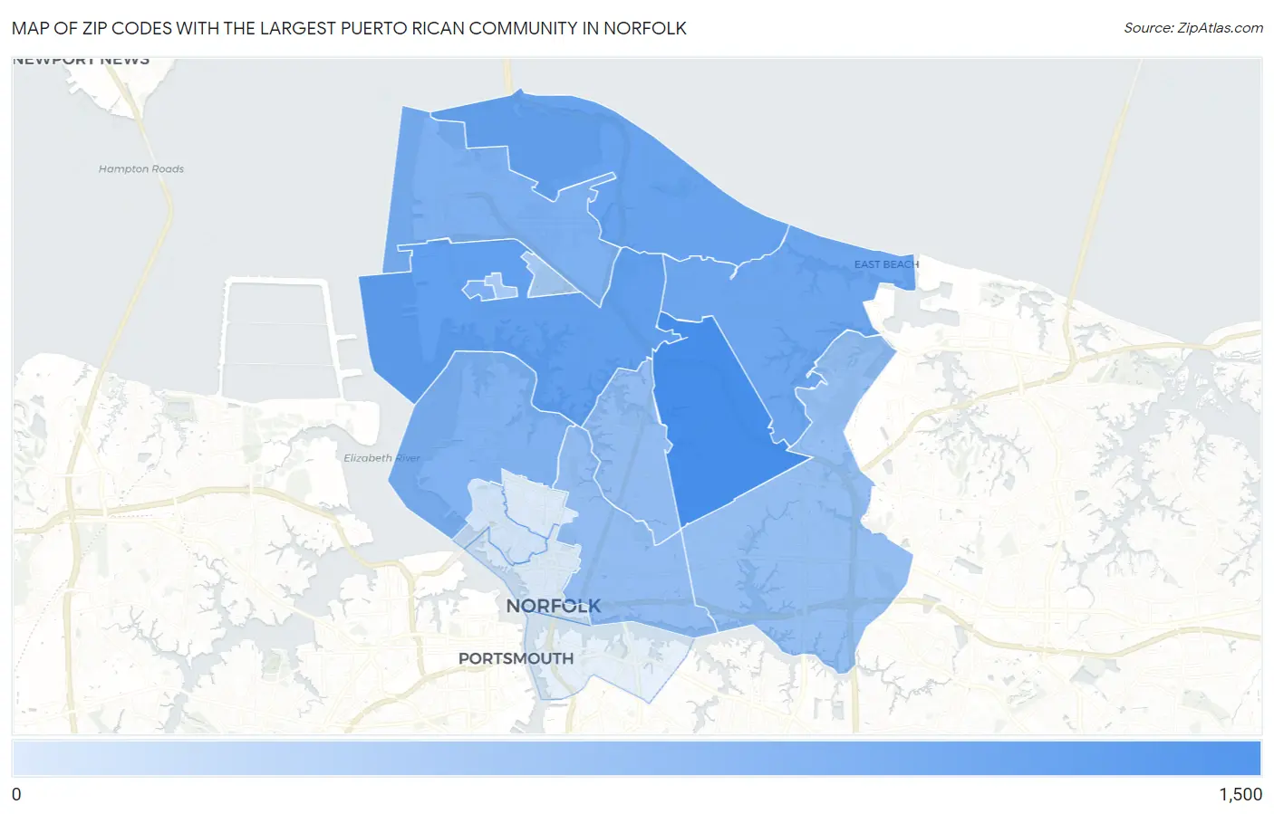 Zip Codes with the Largest Puerto Rican Community in Norfolk Map
