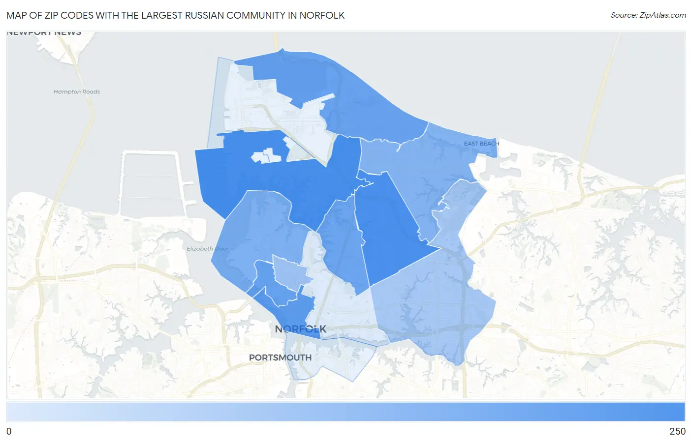 Zip Codes with the Largest Russian Community in Norfolk Map