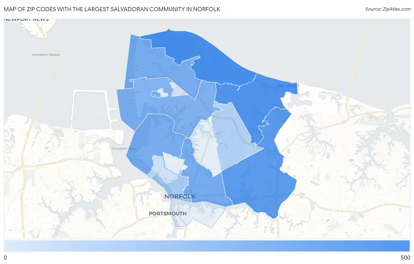 Zip Codes with the Largest Salvadoran Community in Norfolk Map