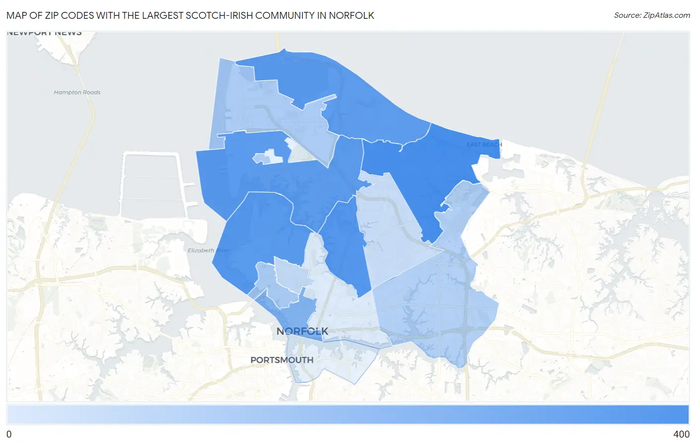 Zip Codes with the Largest Scotch-Irish Community in Norfolk Map