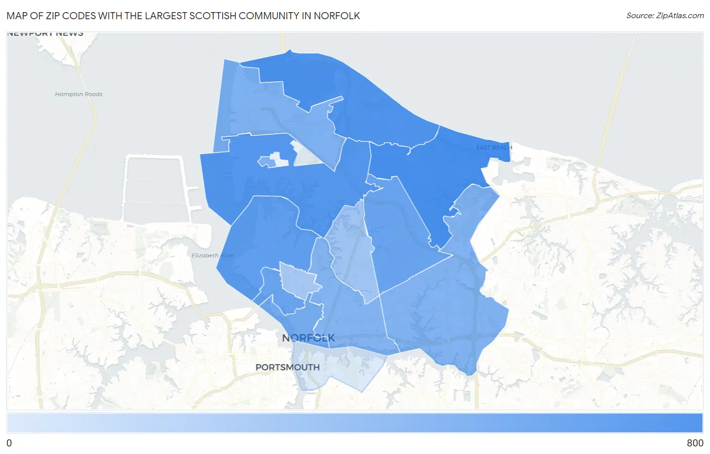 Zip Codes with the Largest Scottish Community in Norfolk Map