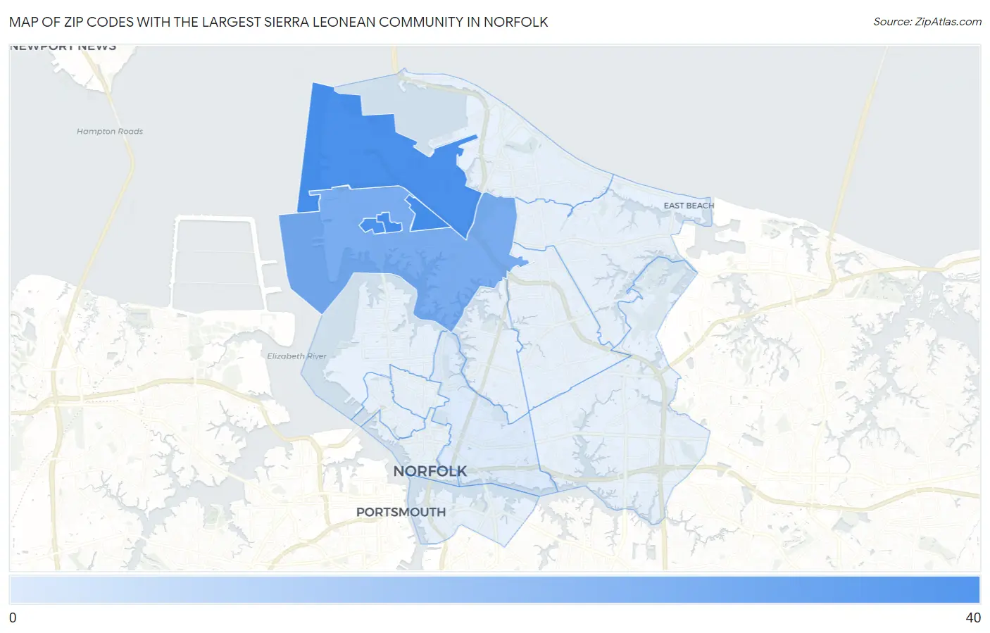 Zip Codes with the Largest Sierra Leonean Community in Norfolk Map