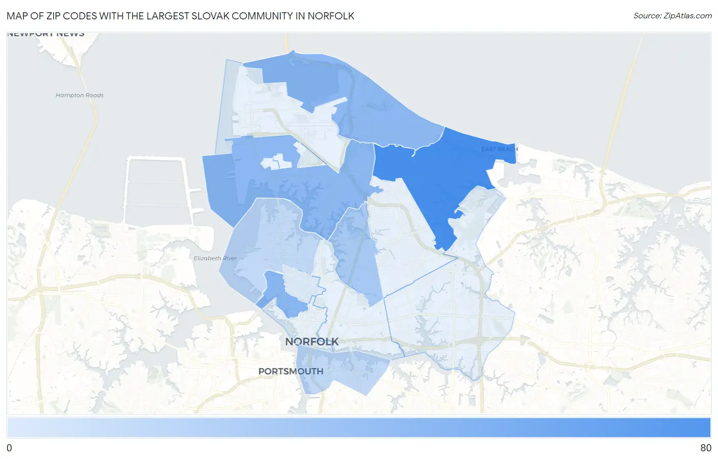 Zip Codes with the Largest Slovak Community in Norfolk Map