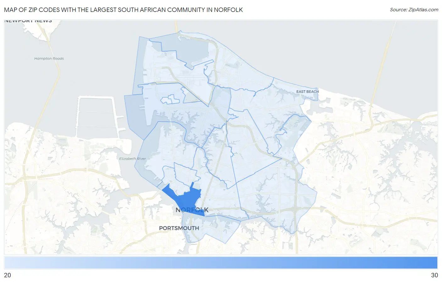 Zip Codes with the Largest South African Community in Norfolk Map