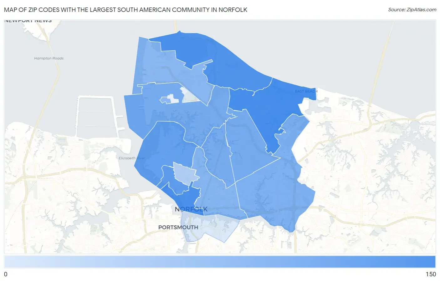 Zip Codes with the Largest South American Community in Norfolk Map