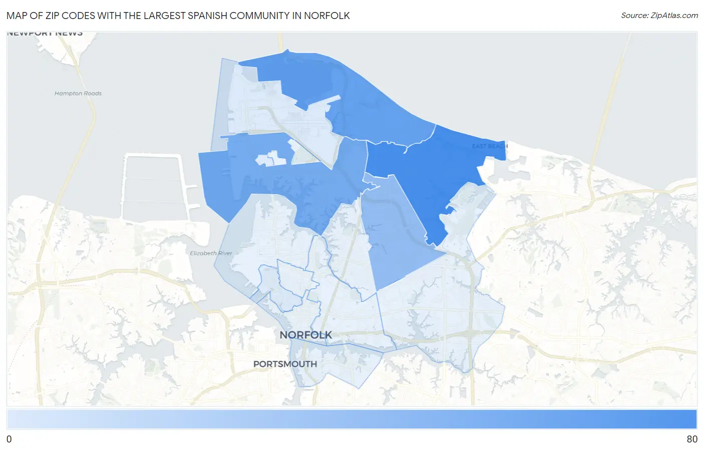 Zip Codes with the Largest Spanish Community in Norfolk Map