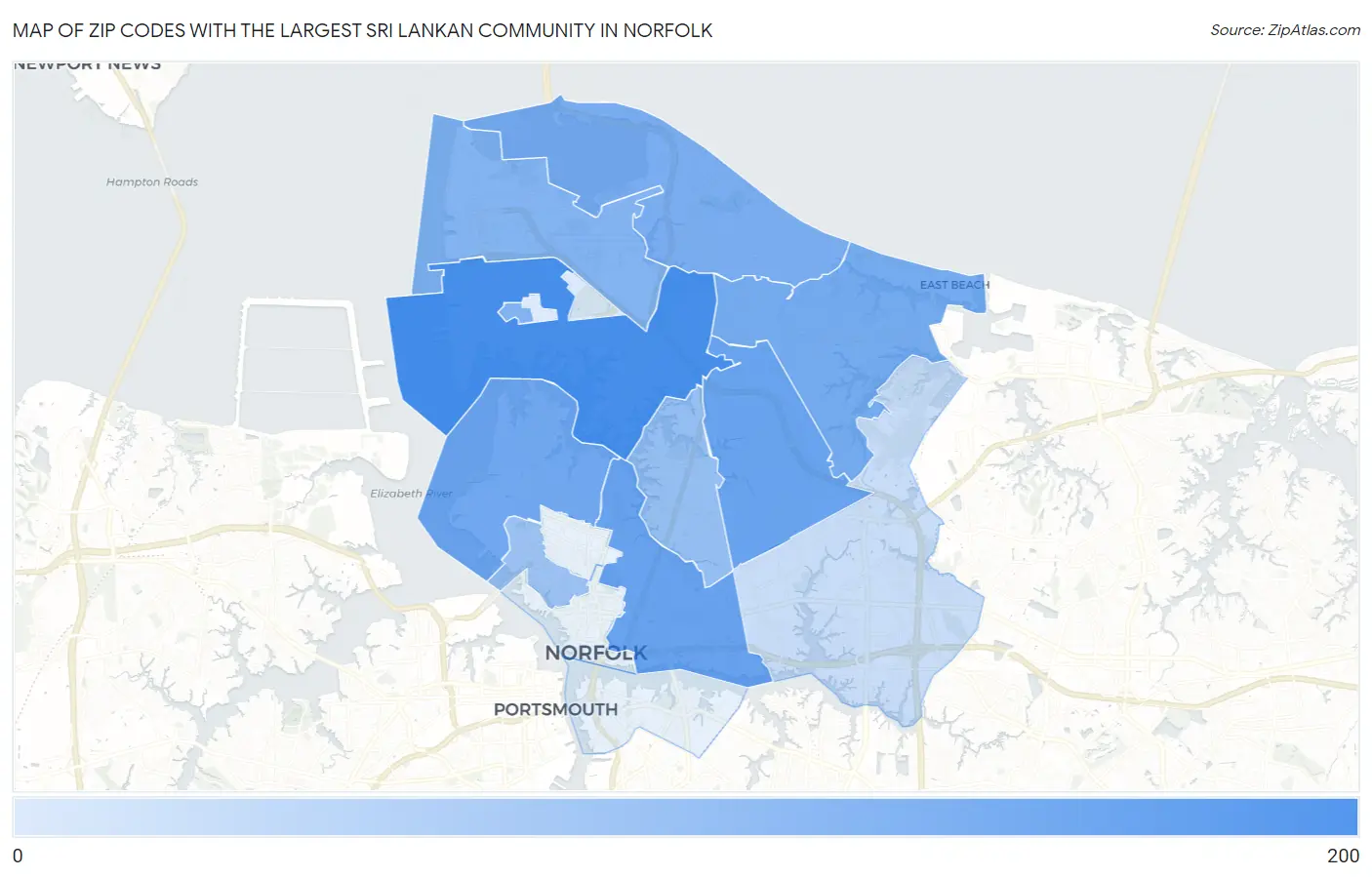 Zip Codes with the Largest Sri Lankan Community in Norfolk Map