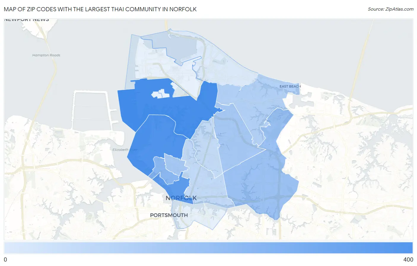 Zip Codes with the Largest Thai Community in Norfolk Map