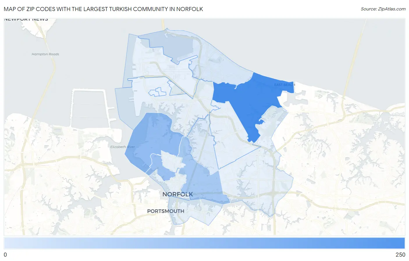 Zip Codes with the Largest Turkish Community in Norfolk Map