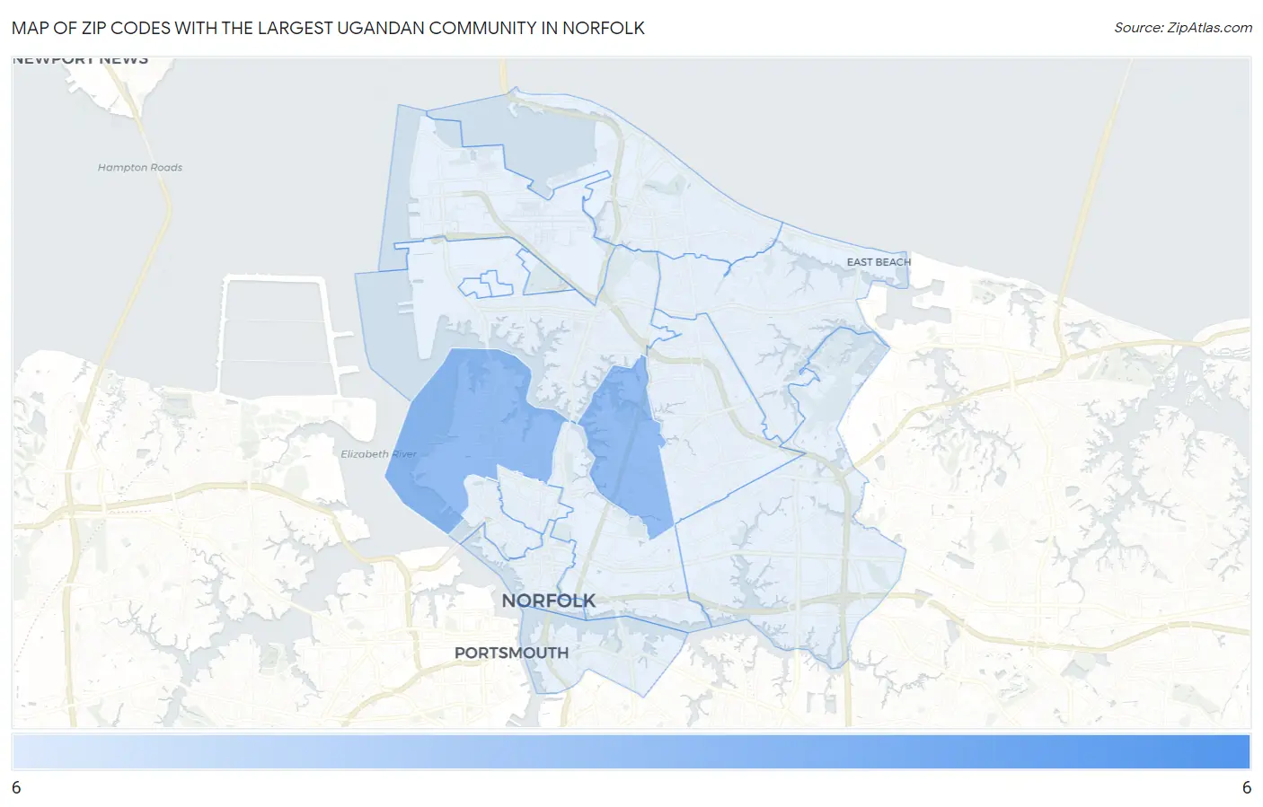 Zip Codes with the Largest Ugandan Community in Norfolk Map