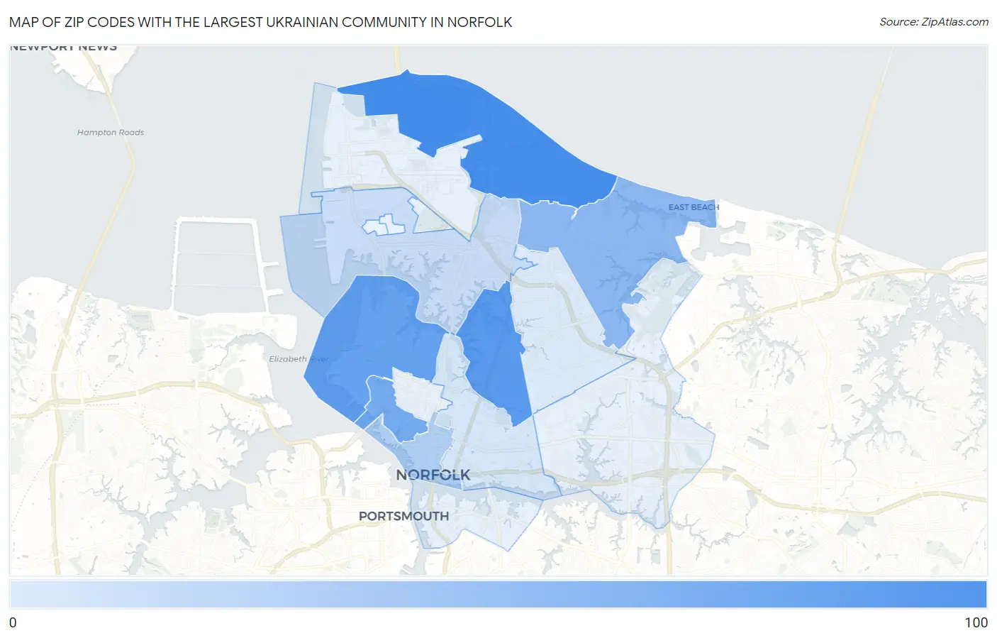 Zip Codes with the Largest Ukrainian Community in Norfolk Map