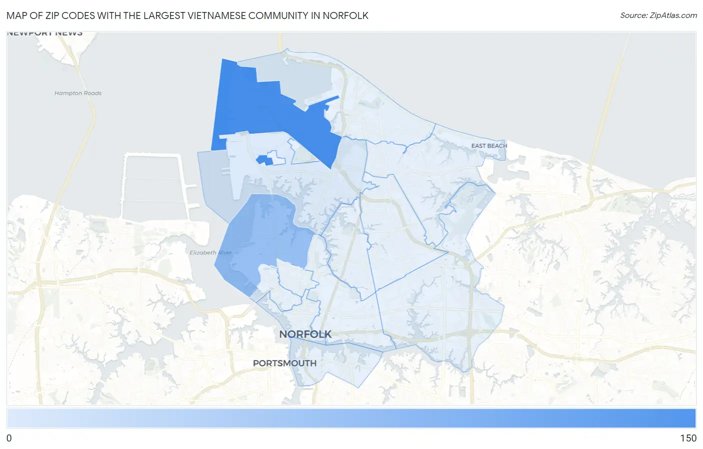 Zip Codes with the Largest Vietnamese Community in Norfolk Map