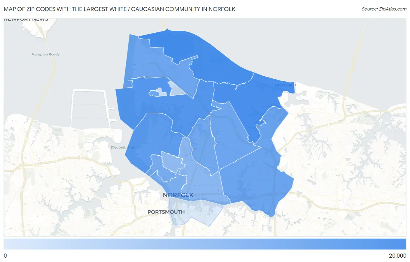 Zip Codes with the Largest White / Caucasian Community in Norfolk Map