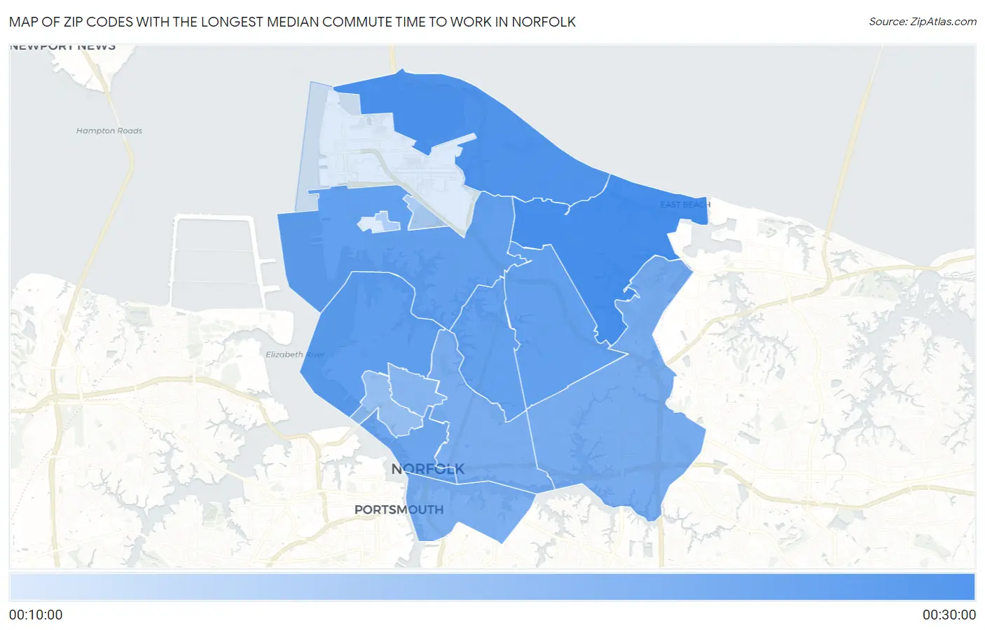 Zip Codes with the Longest Median Commute Time to Work in Norfolk Map